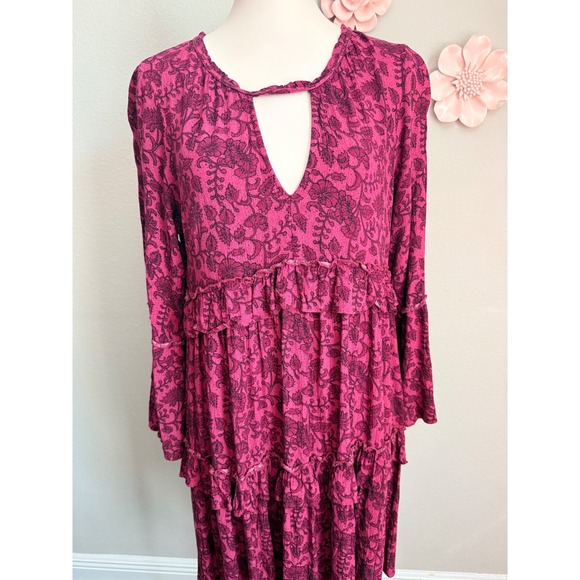 American Eagle Outfitters Floral Print Tiered Ruffle Dress Keyhole Tassel Tie L - Picture 2 of 7